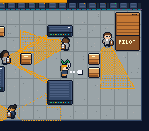 A minigame: slip between the guards’ cones of sight and hide in the crate.